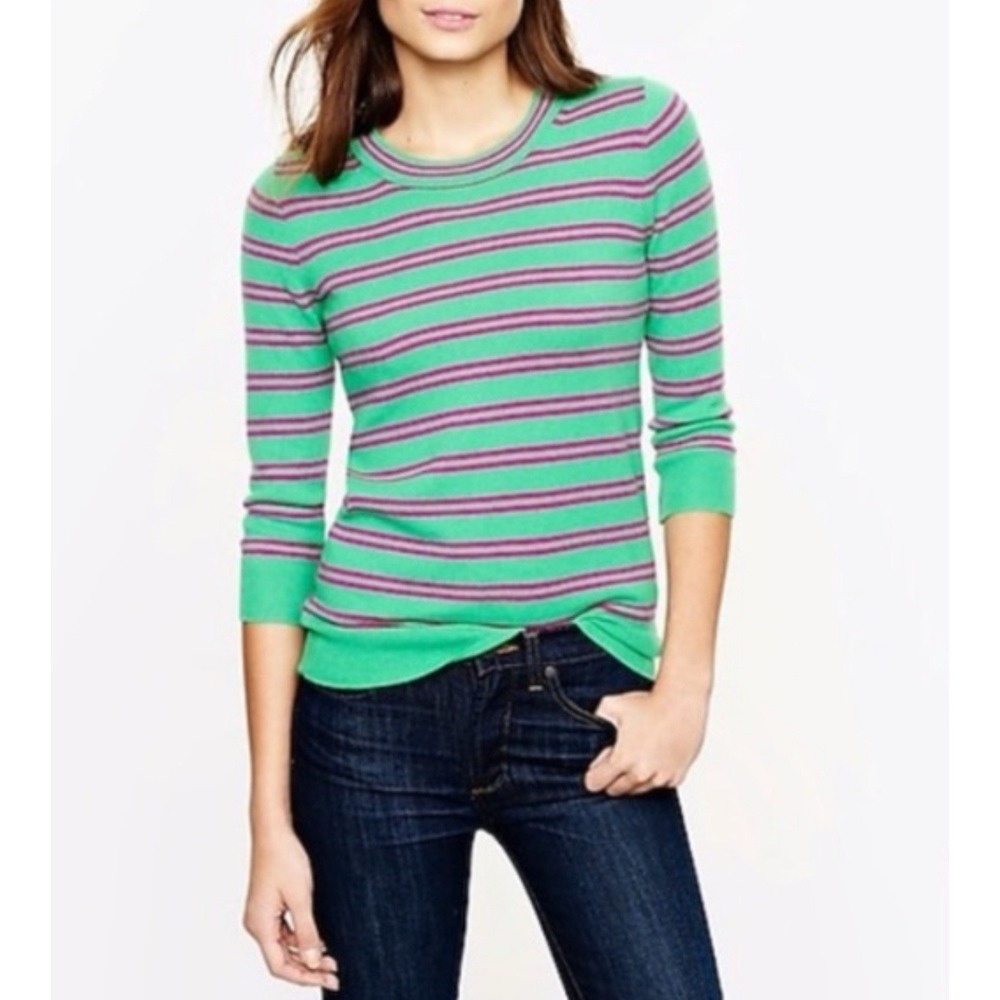 J. Crew Italian Cashmere Crewneck Sweater Green Pink Stripe Holiday 2012 Women M